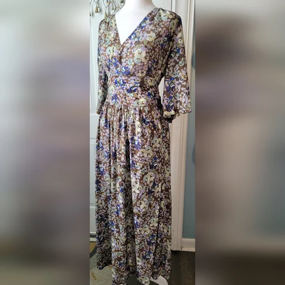 & Other Stories Relaxed Wrap Maxi Dress Womens 6 Brown & Multi Floral Silk Blend - Picture 1 of 16